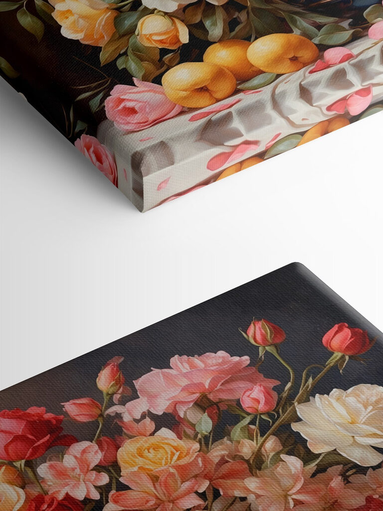 Vase of flowers and fruit