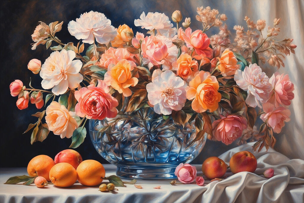 Painting of flowers in a glass vase Painting of flowers in a glass vase