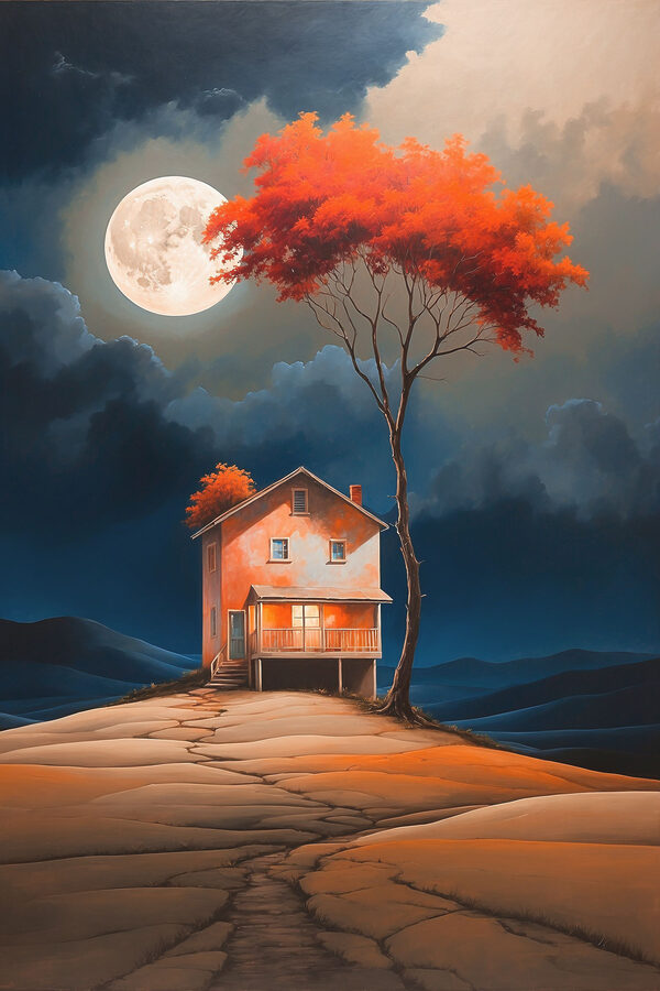 Painting of a house with a tree and a moon in the sky Painting of a house with a tree and a moon in the sky