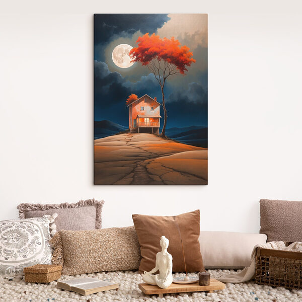 Painting of a house with a tree and a moon in the sky Painting of a house with a tree and a moon in the sky