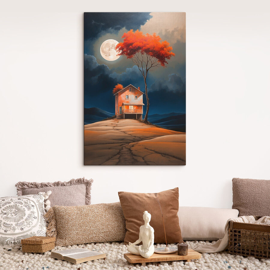 Painting of a house with a tree and a moon in the sky Painting of a house with a tree and a moon in the sky
