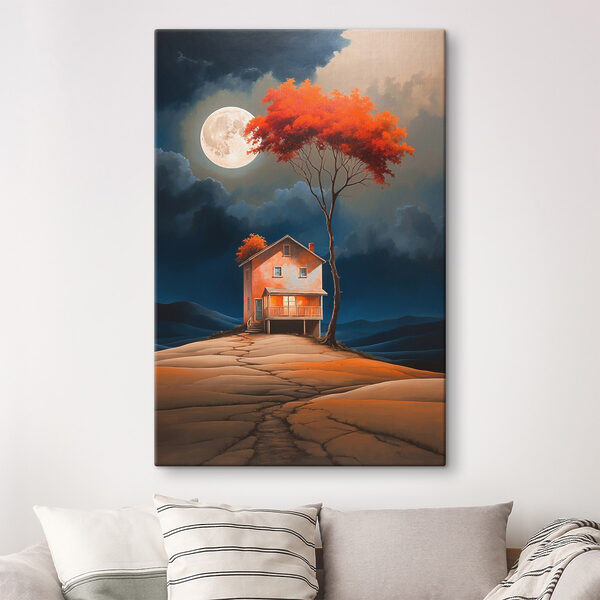Painting of a house with a tree and a moon in the sky Painting of a house with a tree and a moon in the sky