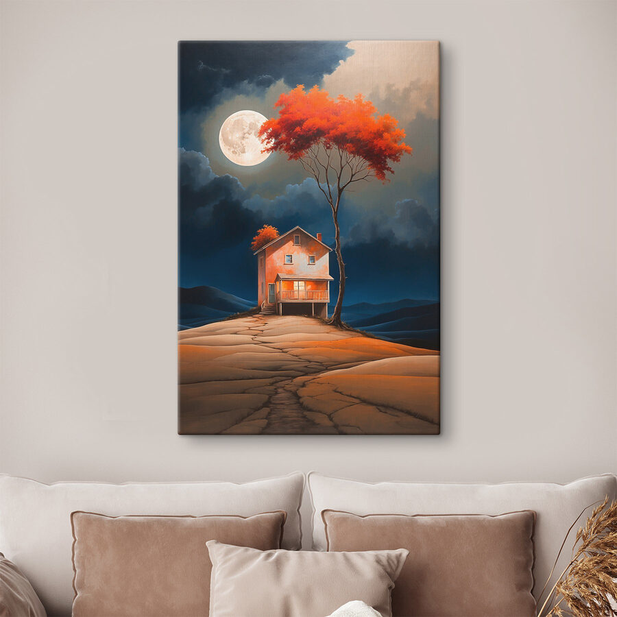 Painting of a house with a tree and a moon in the sky Painting of a house with a tree and a moon in the sky
