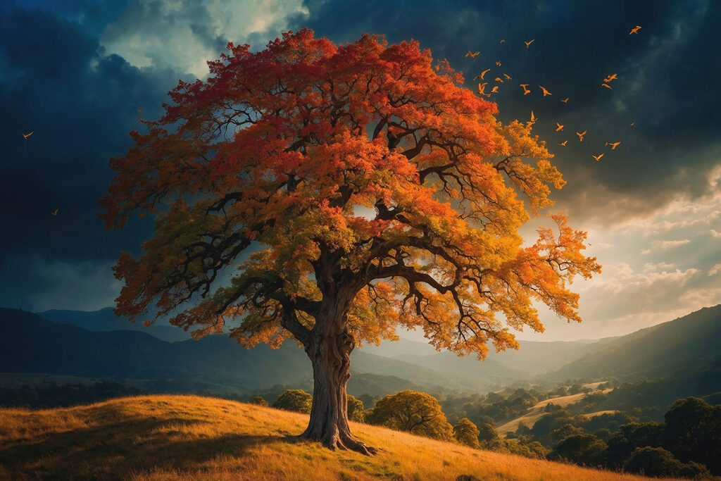 Tree with orange and yellow leaves on a hill
