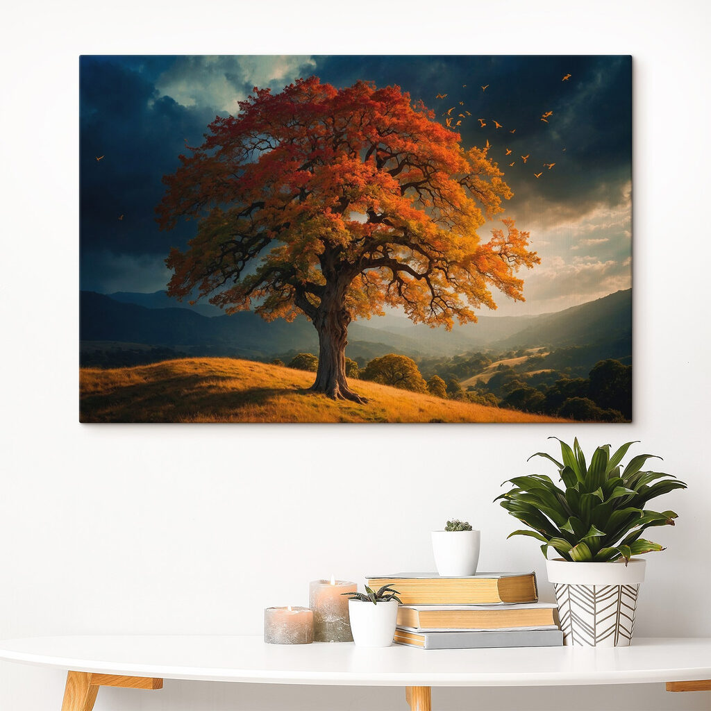 Tree with orange and yellow leaves on a hill