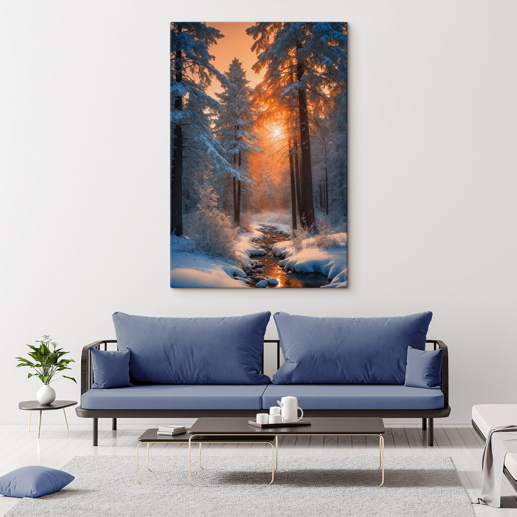 Snowy forest with trees and a stream Snowy forest with trees and a stream