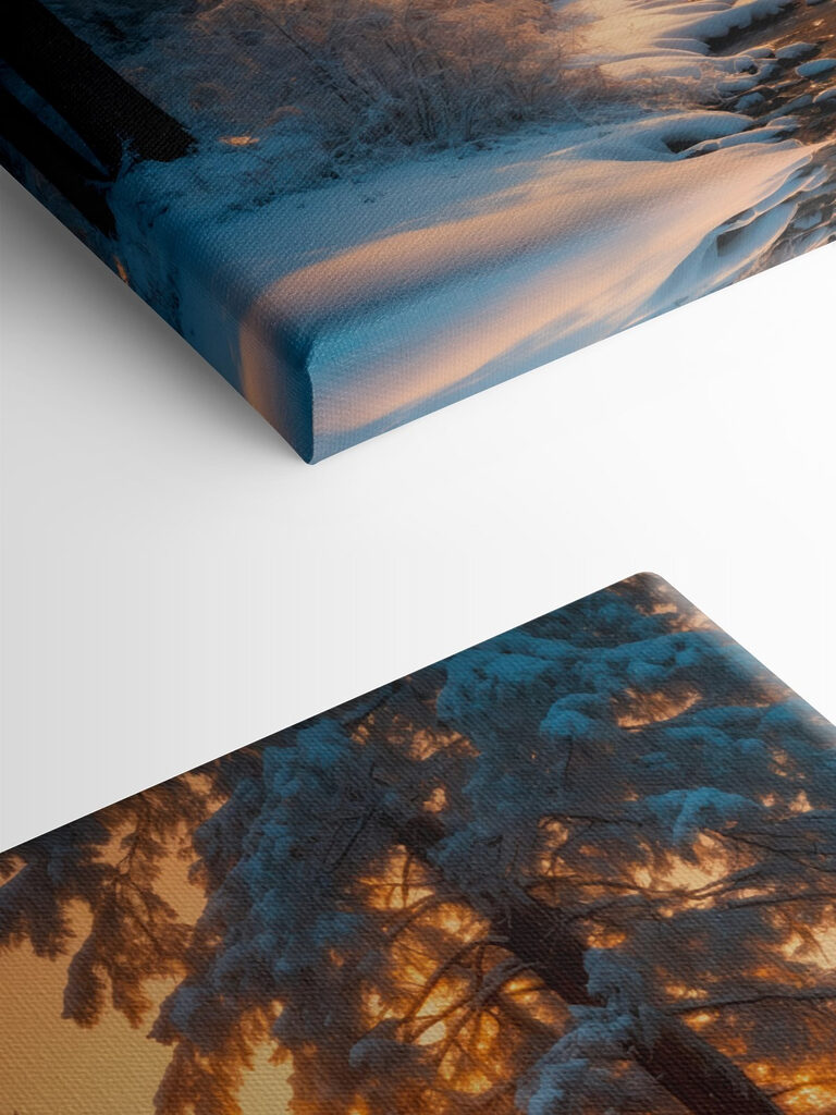 Snowy forest with trees and a stream Snowy forest with trees and a stream