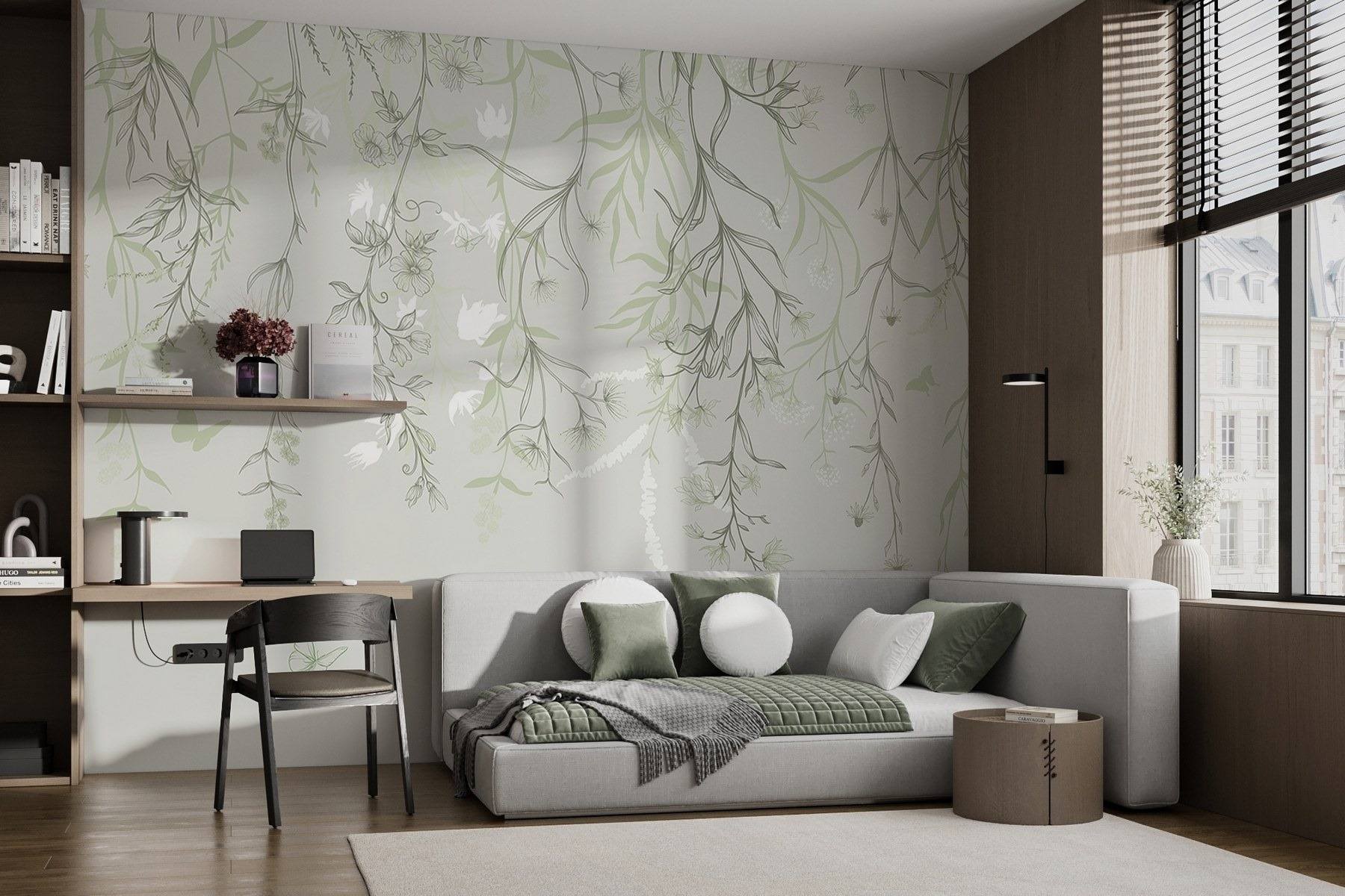 Serene botanical illustration with butterflies