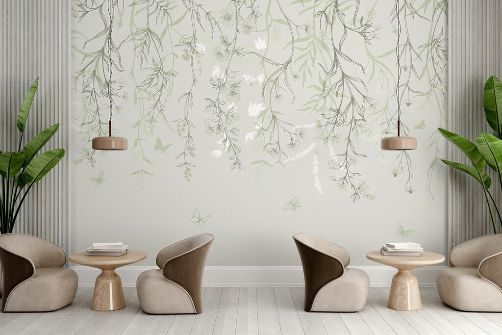 Serene botanical illustration with butterflies