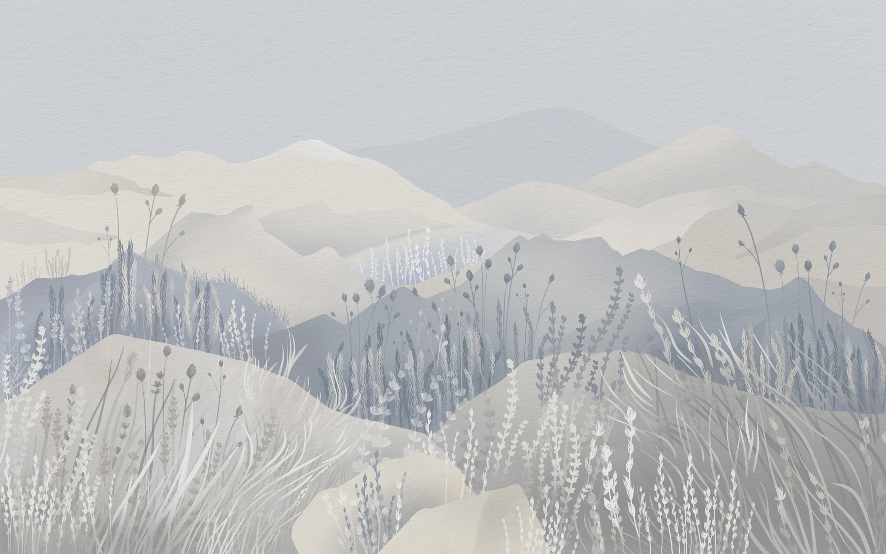 Painting of a landscape with mountains and grass