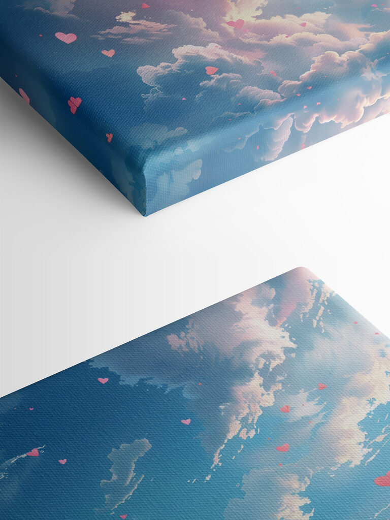 Blue sky with clouds and pink hearts