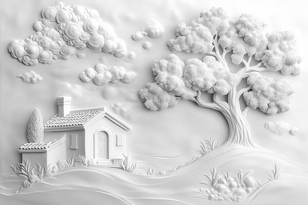Білі фотошпалери з будинком і деревом Білі фотошпалери з будинком і деревом