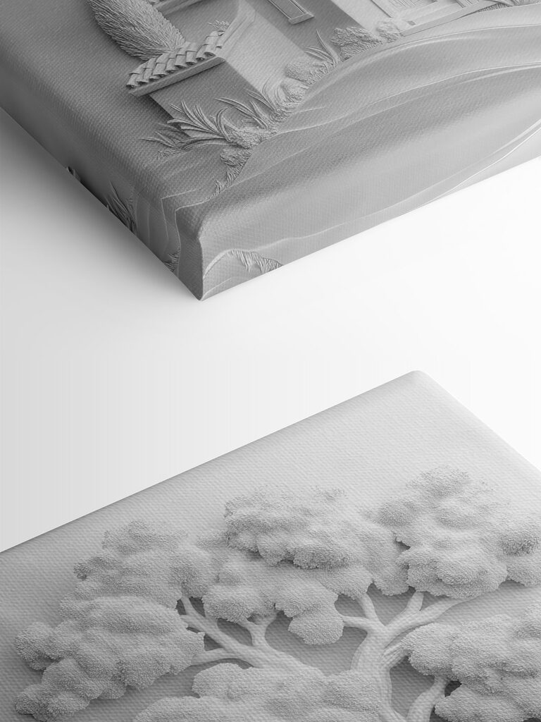 White wall art with a house and tree