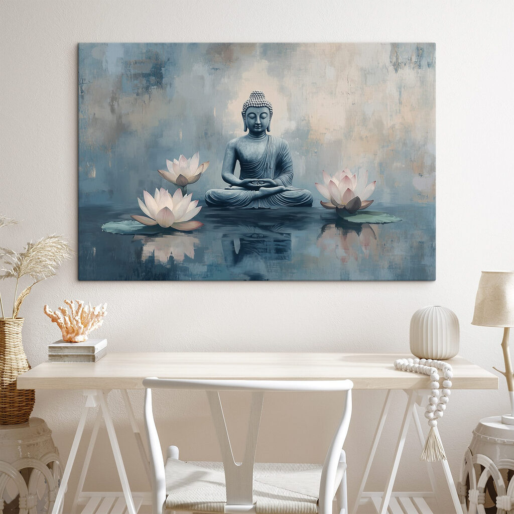 Statue of a buddha sitting in a lotus position surrounded by water Statue of a buddha sitting in a lotus position surrounded by water