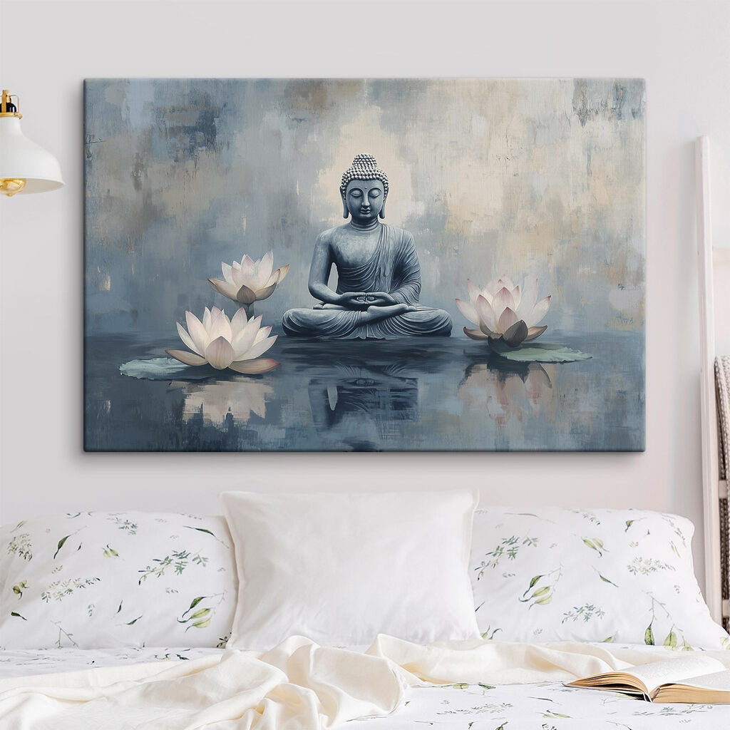 Statue of a buddha sitting in a lotus position surrounded by water Statue of a buddha sitting in a lotus position surrounded by water