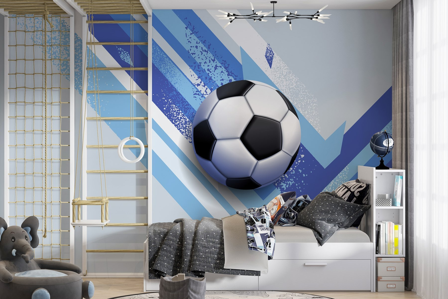 Football ball on a blue and white background