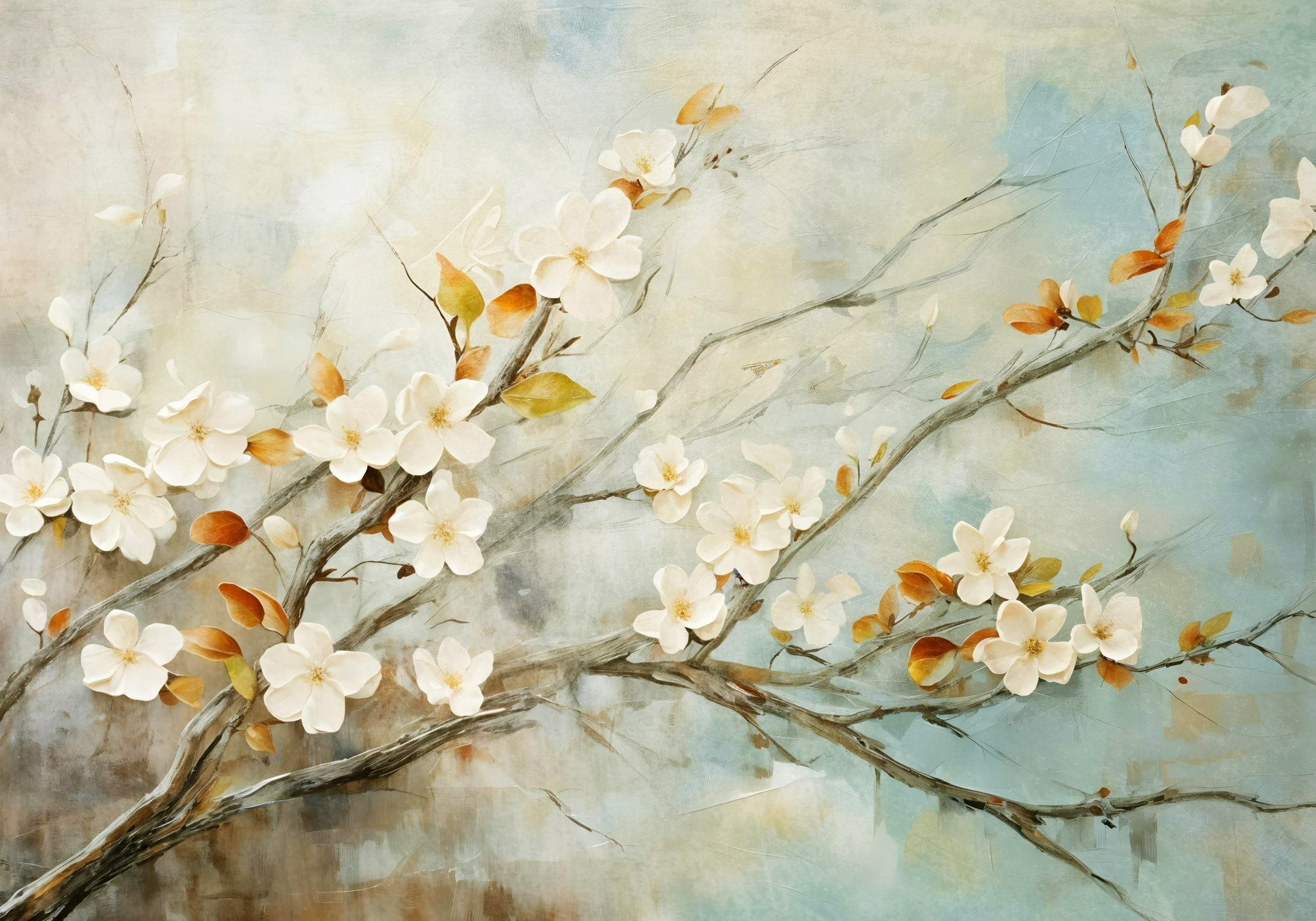 Painting of a branch with white flowers