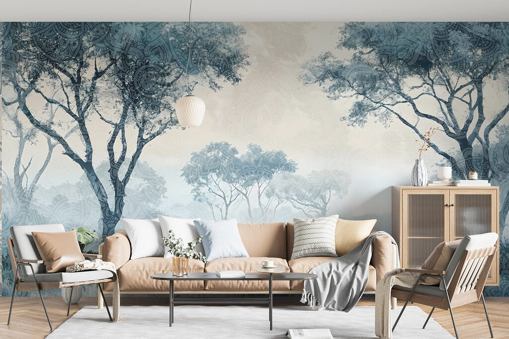 Foggy landscape with trees and plants