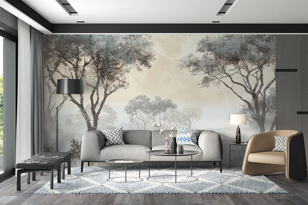 Foggy landscape with trees and plants