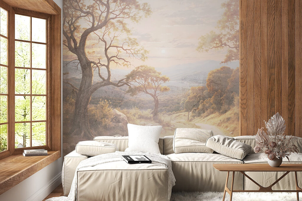 Dirt road with trees and mountains in the background Dirt road with trees and mountains in the background