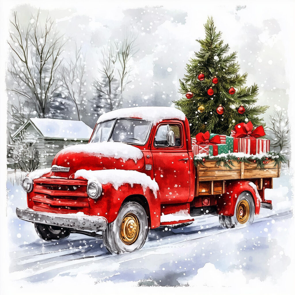 Red truck with a christmas tree on the back Red truck with a christmas tree on the back