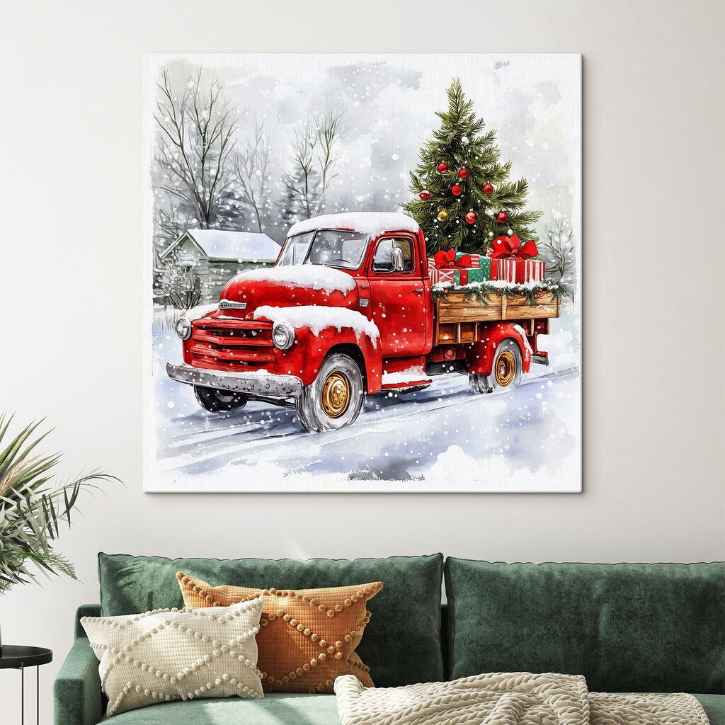 Red truck with a christmas tree on the back Red truck with a christmas tree on the back