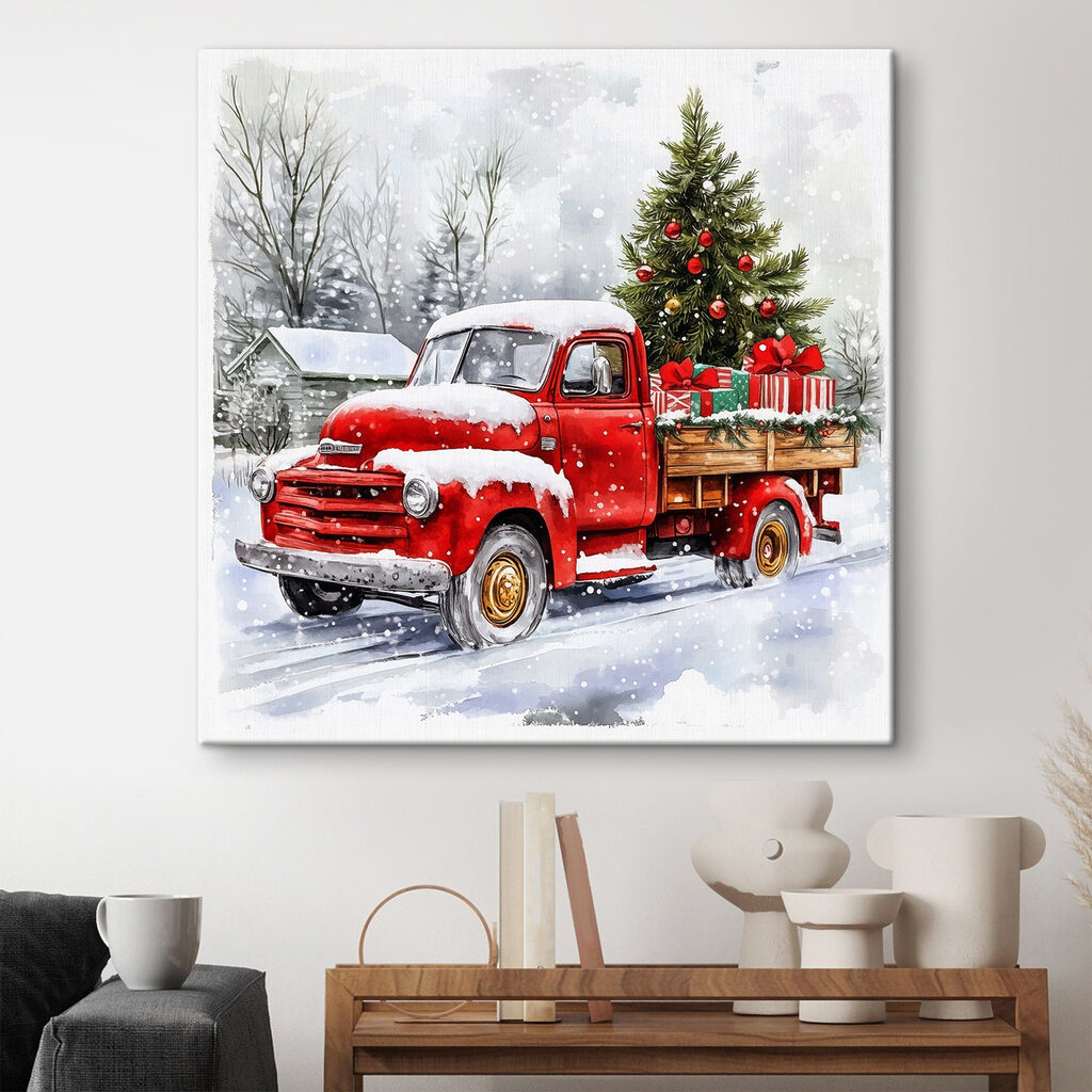 Red truck with a christmas tree on the back Red truck with a christmas tree on the back