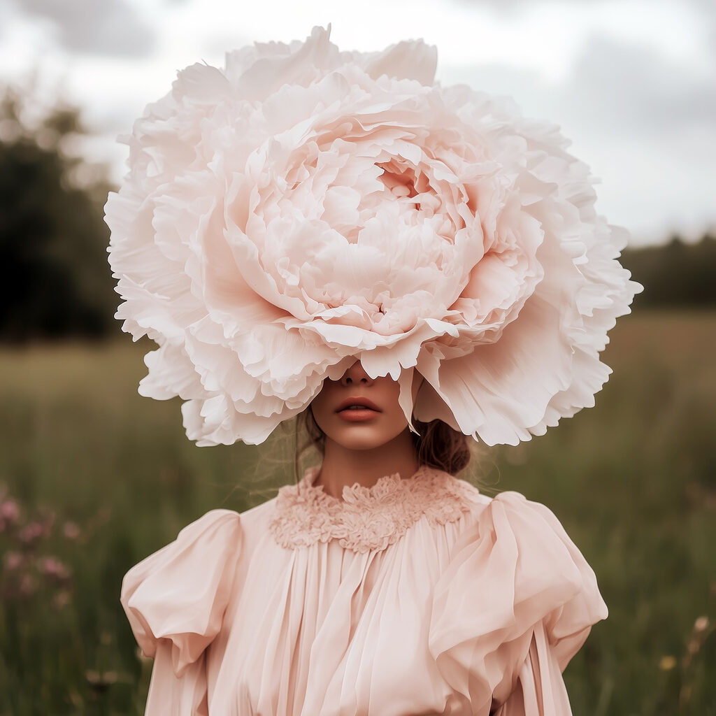 Woman in a dress with a large flower over her face Woman in a dress with a large flower over her face