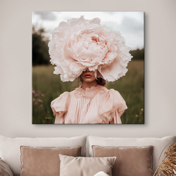 Woman in a dress with a large flower over her face Woman in a dress with a large flower over her face