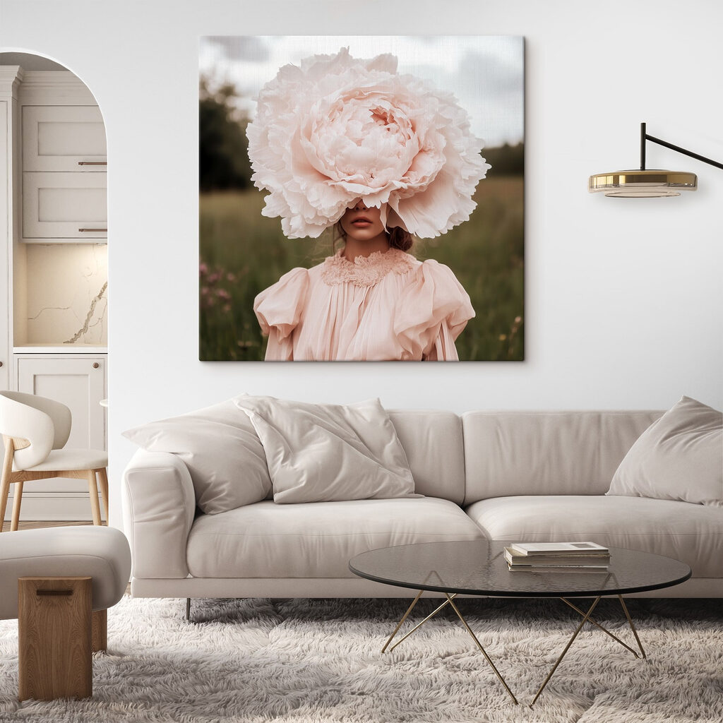 Woman in a dress with a large flower over her face Woman in a dress with a large flower over her face