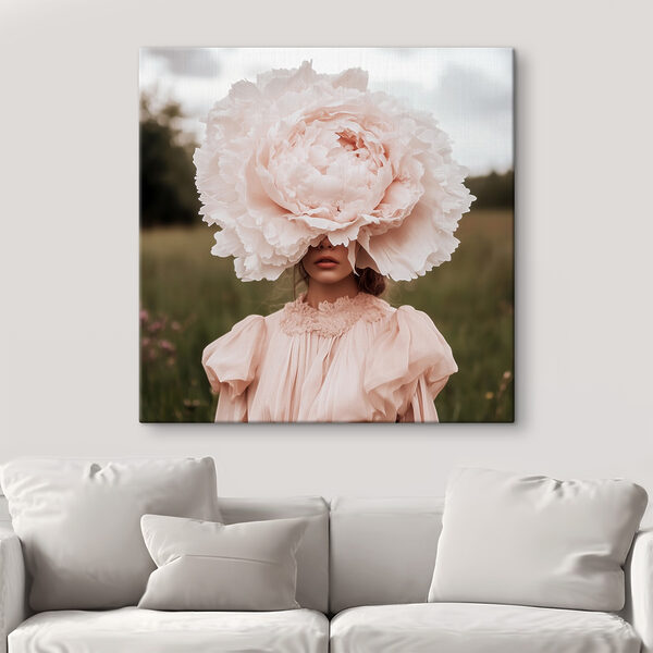Woman in a dress with a large flower over her face Woman in a dress with a large flower over her face