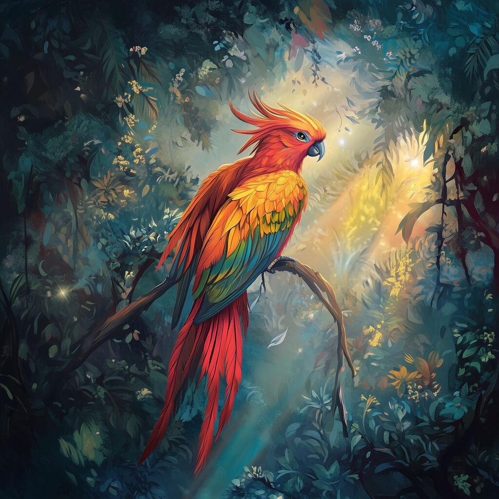 Colorful bird sitting on a branch in a forest