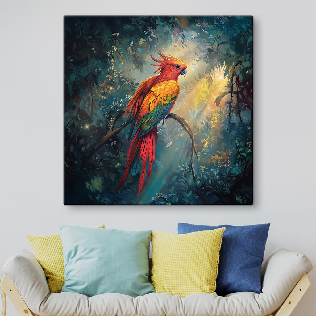 Colorful bird sitting on a branch in a forest