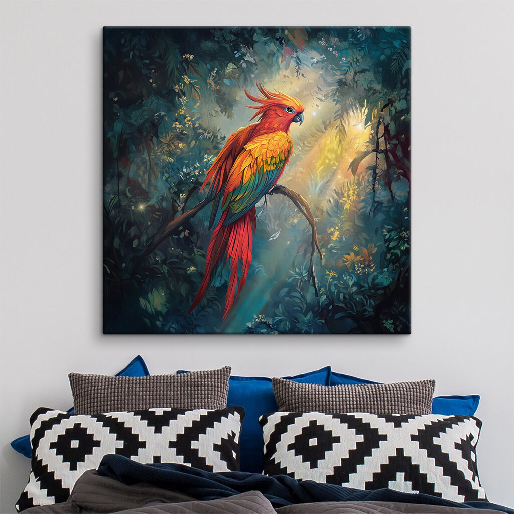 Colorful bird sitting on a branch in a forest