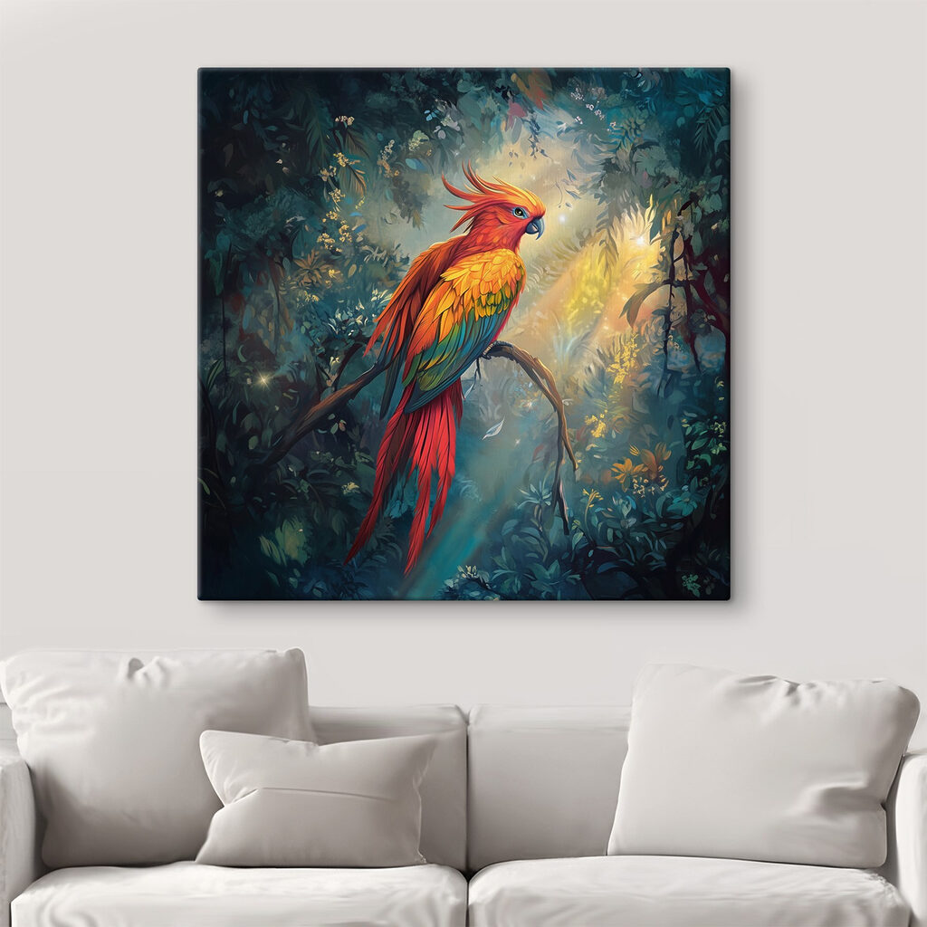 Colorful bird sitting on a branch in a forest