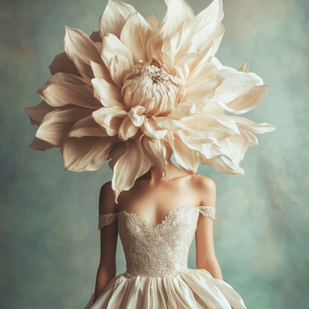 Woman wearing a dress with a large flower on her head Woman wearing a dress with a large flower on her head