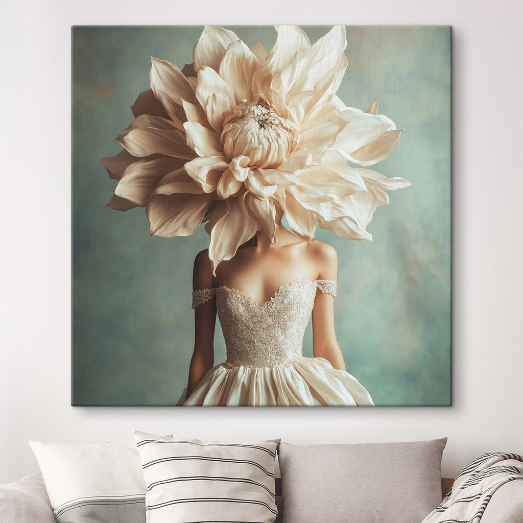 Woman wearing a dress with a large flower on her head Woman wearing a dress with a large flower on her head