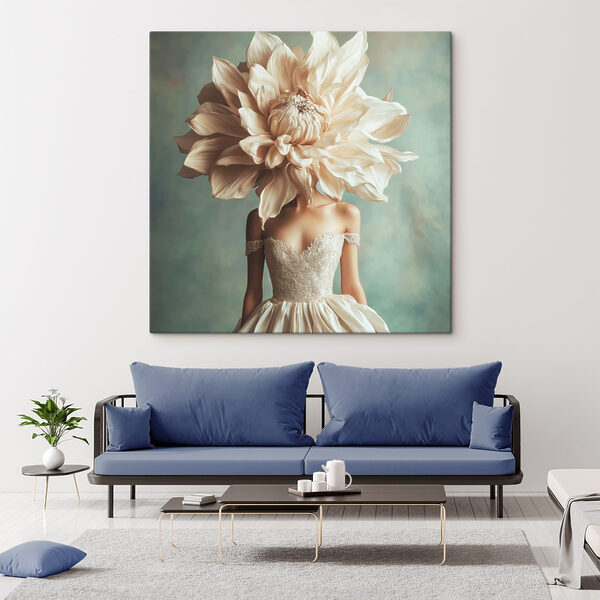 Woman wearing a dress with a large flower on her head Woman wearing a dress with a large flower on her head