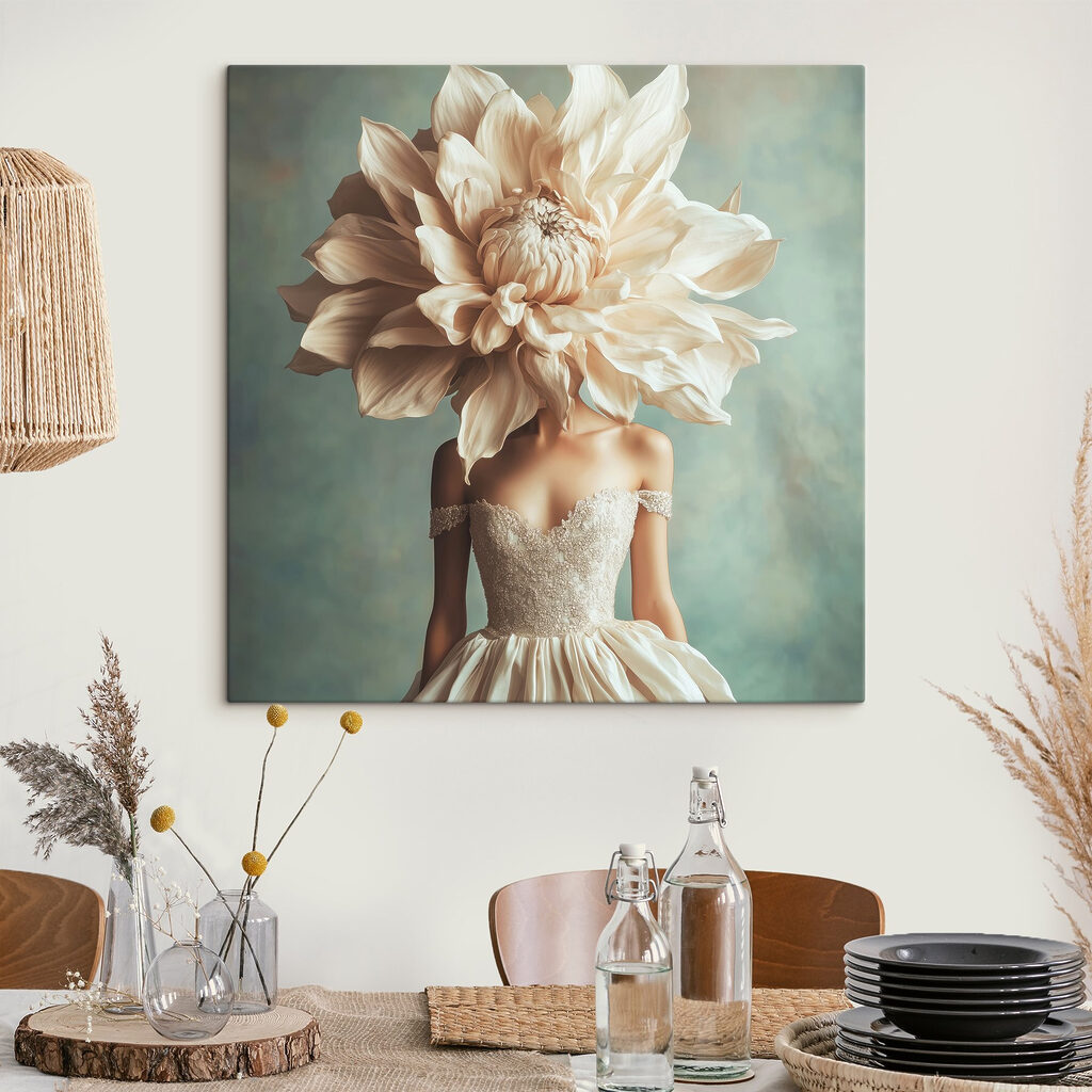 Woman wearing a dress with a large flower on her head Woman wearing a dress with a large flower on her head