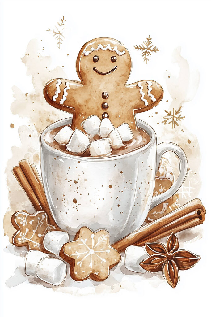 Gingerbread man in a mug of hot chocolate