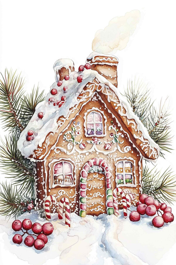 Gingerbread house with candy canes and pine branches Gingerbread house with candy canes and pine branches