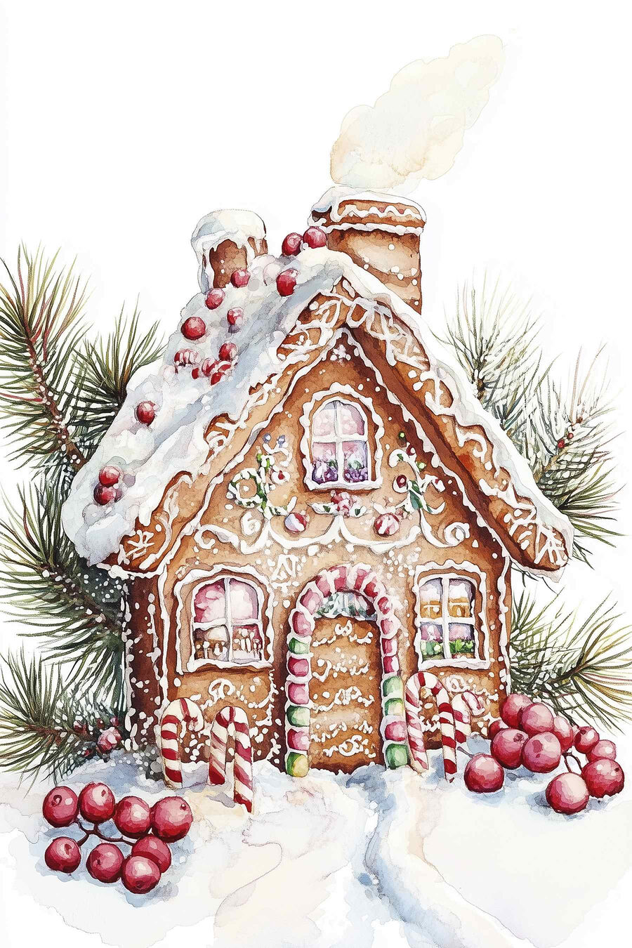 Gingerbread house with candy canes and pine branches Gingerbread house with candy canes and pine branches