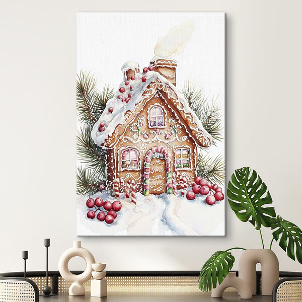 Gingerbread house with candy canes and pine branches Gingerbread house with candy canes and pine branches