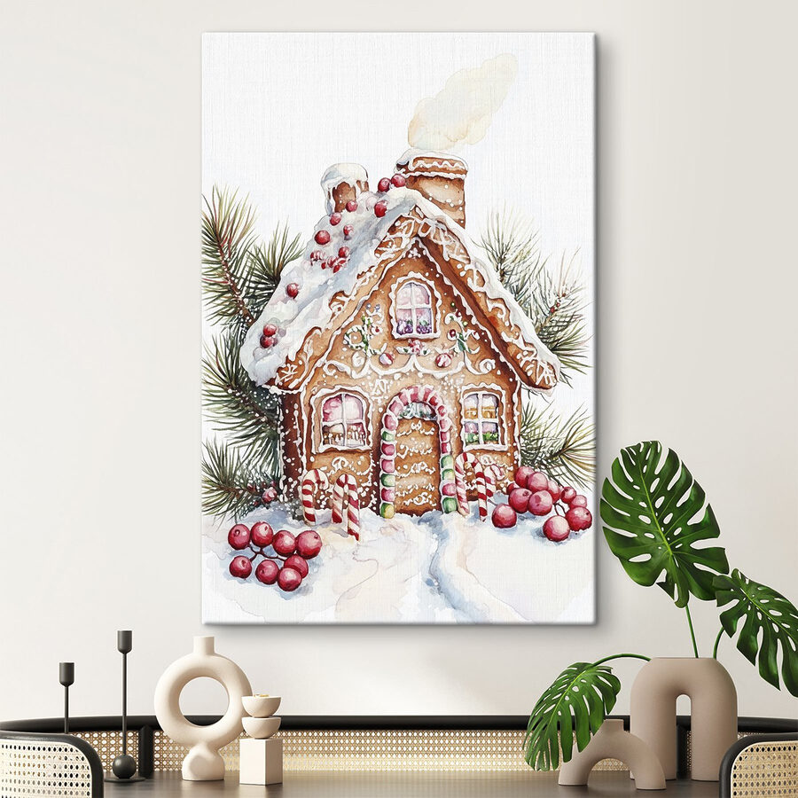 Gingerbread house with candy canes and pine branches Gingerbread house with candy canes and pine branches