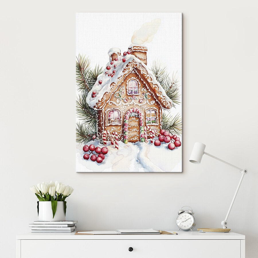 Gingerbread house with candy canes and pine branches Gingerbread house with candy canes and pine branches