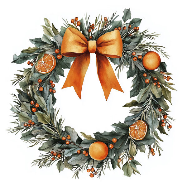 Watercolor wreath with oranges and berries Watercolor wreath with oranges and berries