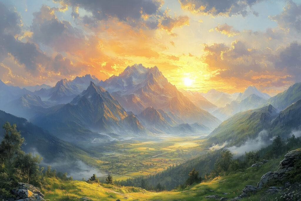 Landscape of mountains and a valley with clouds and sun Landscape of mountains and a valley with clouds and sun