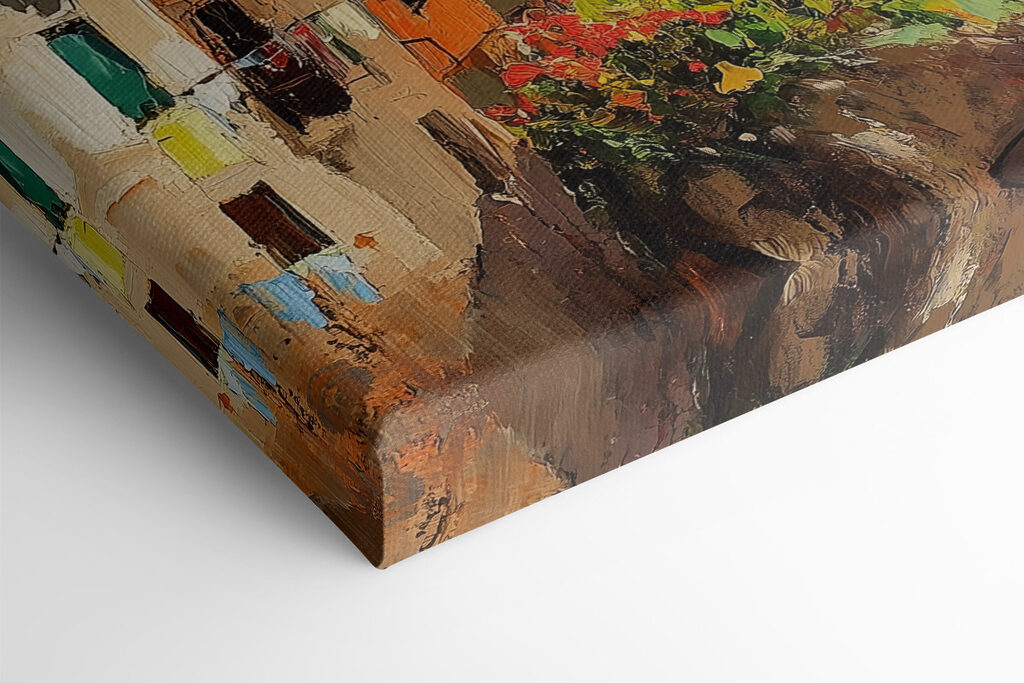 Painting of a colorful town on a cliff by the water