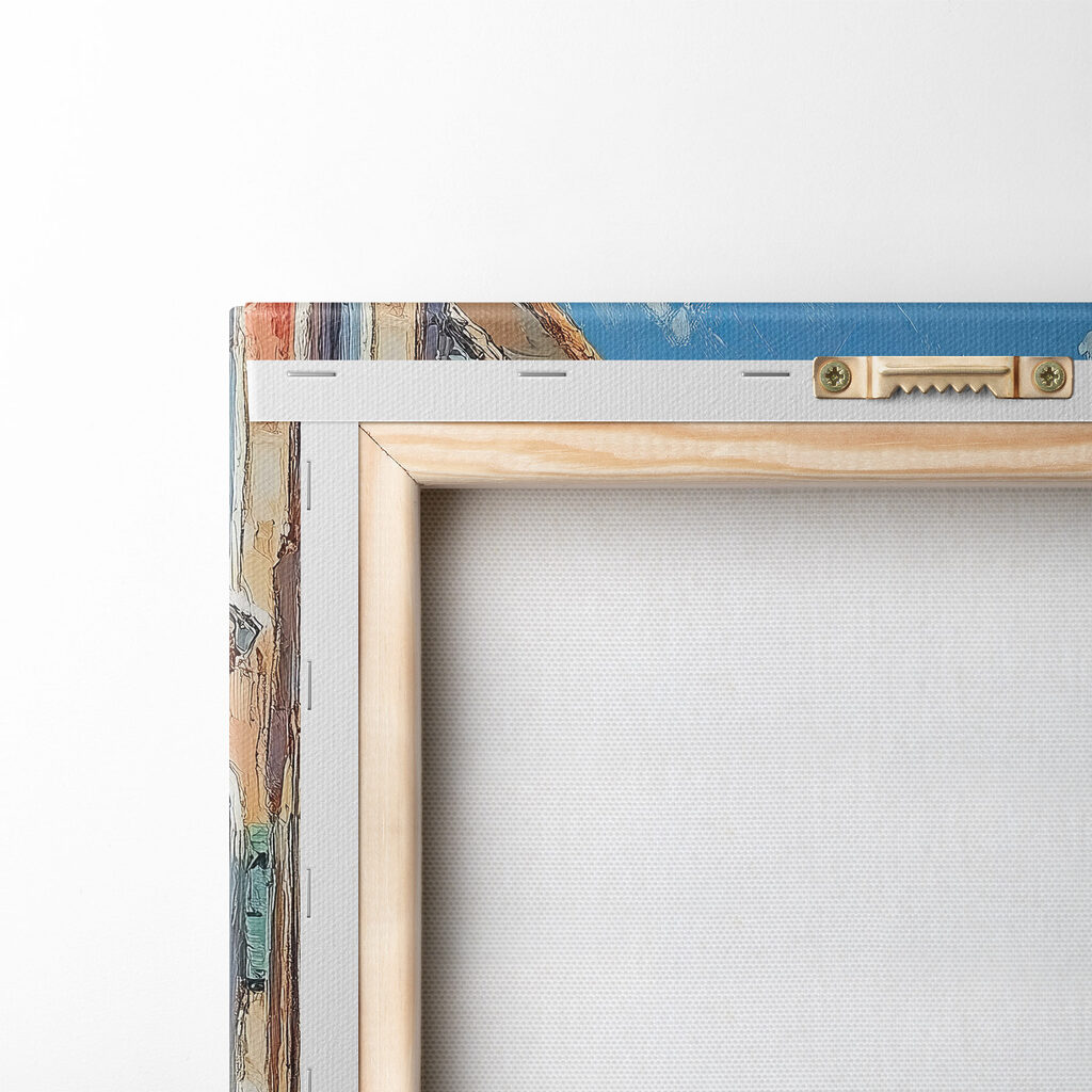 Painting of a street with boats and buildings