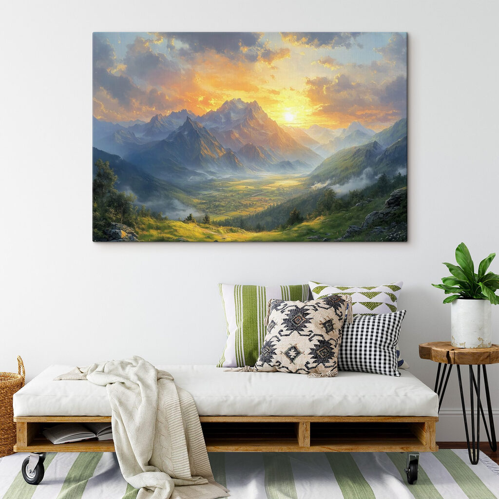 Landscape of mountains and a valley with clouds and sun Landscape of mountains and a valley with clouds and sun
